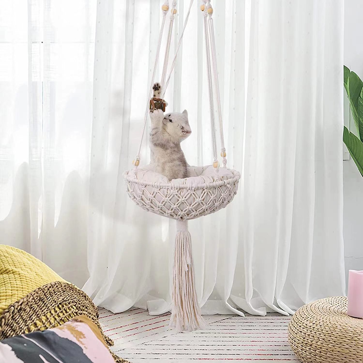 Cat Hammock Hanging Nest Basket Swing | Cozy Indoor Cat Bed with Durable Rope & Soft Cushion