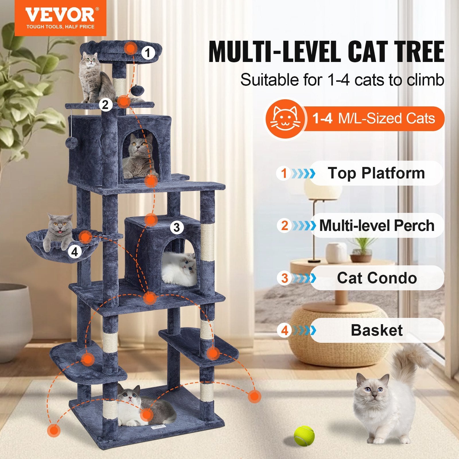 Ecofurry Mart VEVOR Cat Tree Tower with Condos & Sisal Scratching Posts | Multi-Level Activity Center for Indoor Cats - Dark Grey