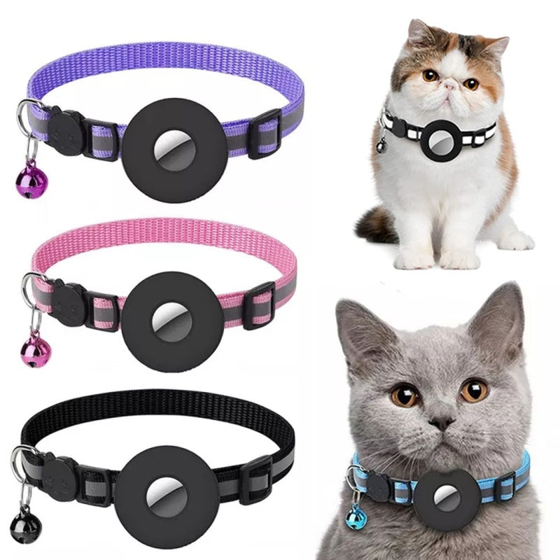 Cat collars in purple, pink, black, and blue with a cat wearing a blue collar.