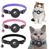 Cat collars in purple, pink, black, and blue with a cat wearing a blue collar.