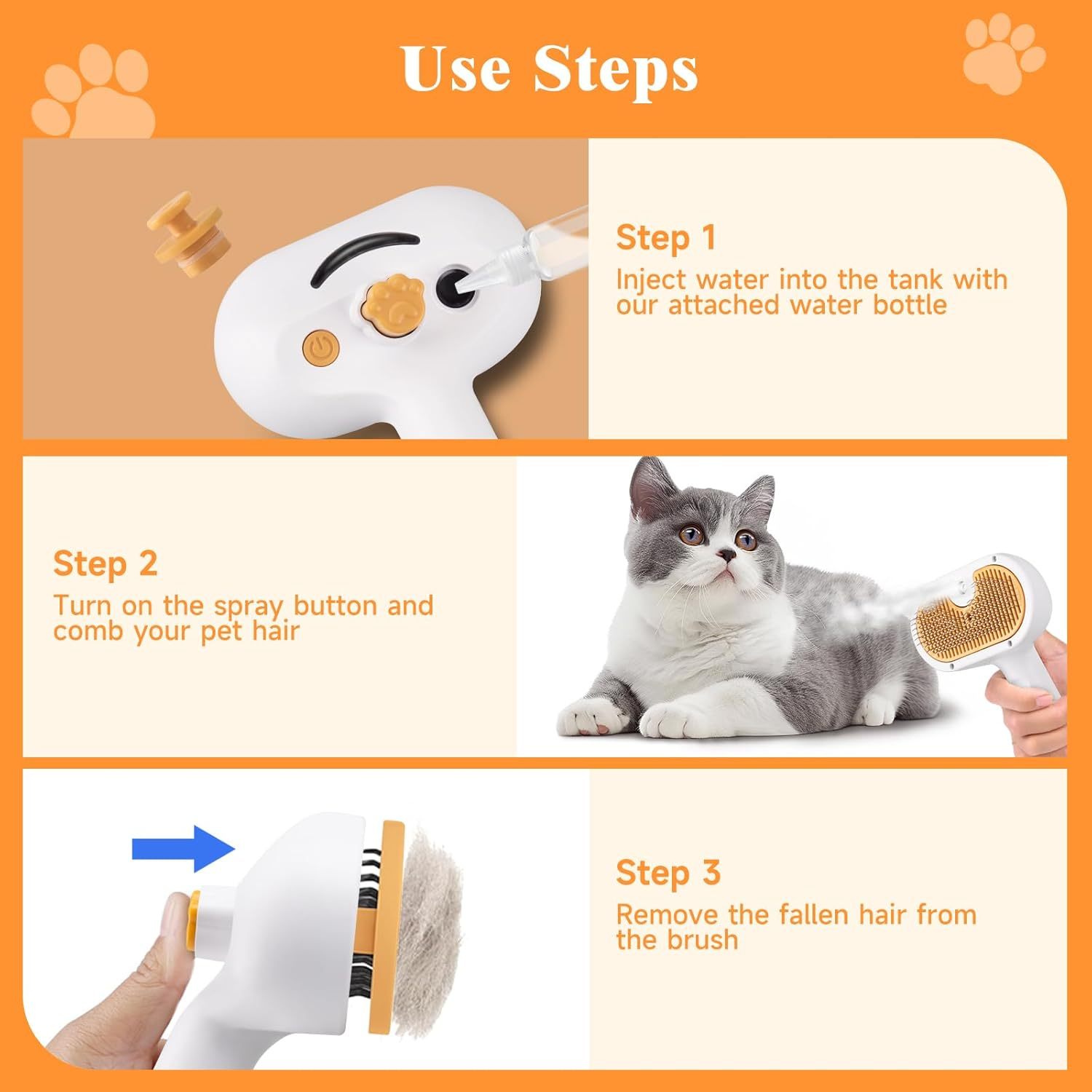 Instructions for using a pet grooming tool with a cat and step-by-step guide on an orange background.