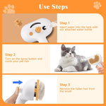 Instructions for using a pet grooming tool with a cat and step-by-step guide on an orange background.