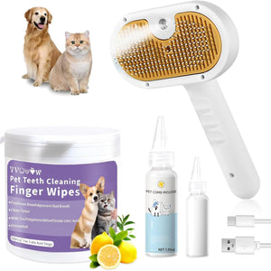 Pet grooming products including a pet hair dryer, cleaning wipes, and mousse on a white background.