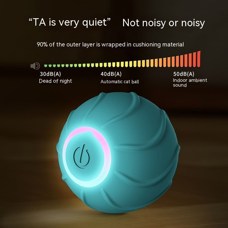 Teal ball with glowing pink ring on a dark background, featuring sound level information.