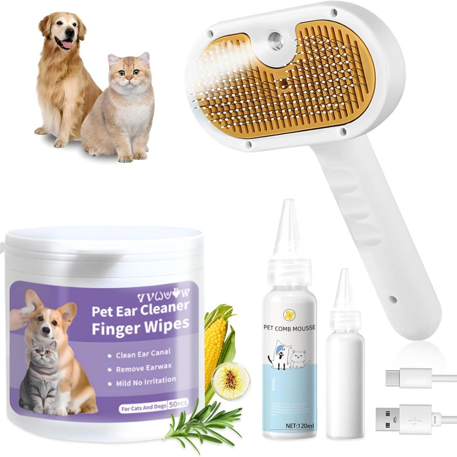 Pet grooming products including a brush, ear cleaner wipes, and mousse on a white background.