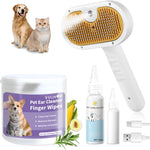 Pet grooming products including a brush, ear cleaner wipes, and mousse on a white background.