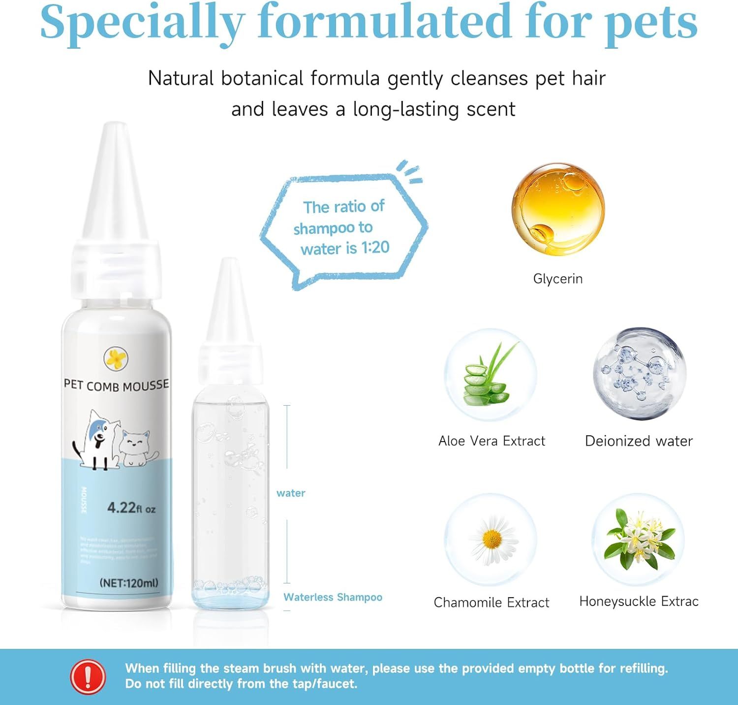 Pet care product with ingredients and usage instructions on a white background