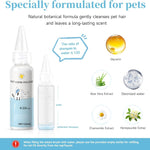 Pet care product with ingredients and usage instructions on a white background