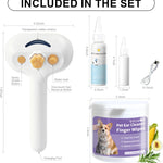 Pet ear cleaning set with spray gun, wipes, and other components on a white background