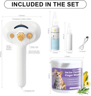 Pet ear cleaning set with spray gun, wipes, and other components on a white background