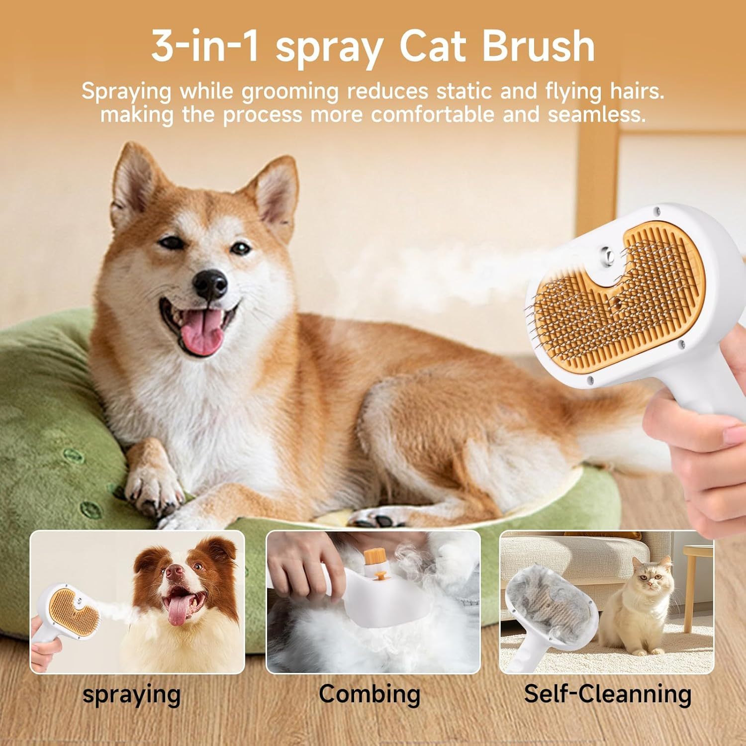 3-in-1 spray cat brush with a dog and cat shown using it, on a light background.