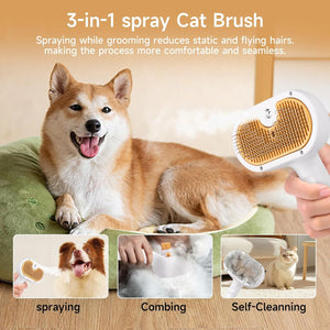 3-in-1 spray cat brush with a dog and cat shown using it, on a light background.