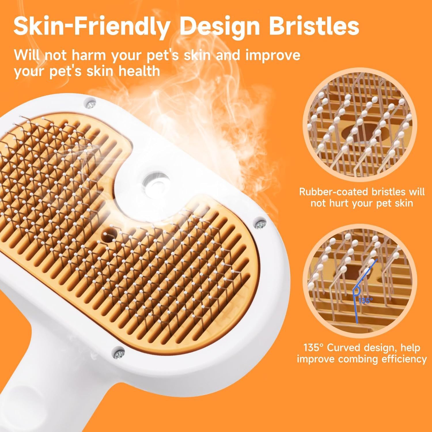 Pet grooming brush with skin-friendly design on an orange background